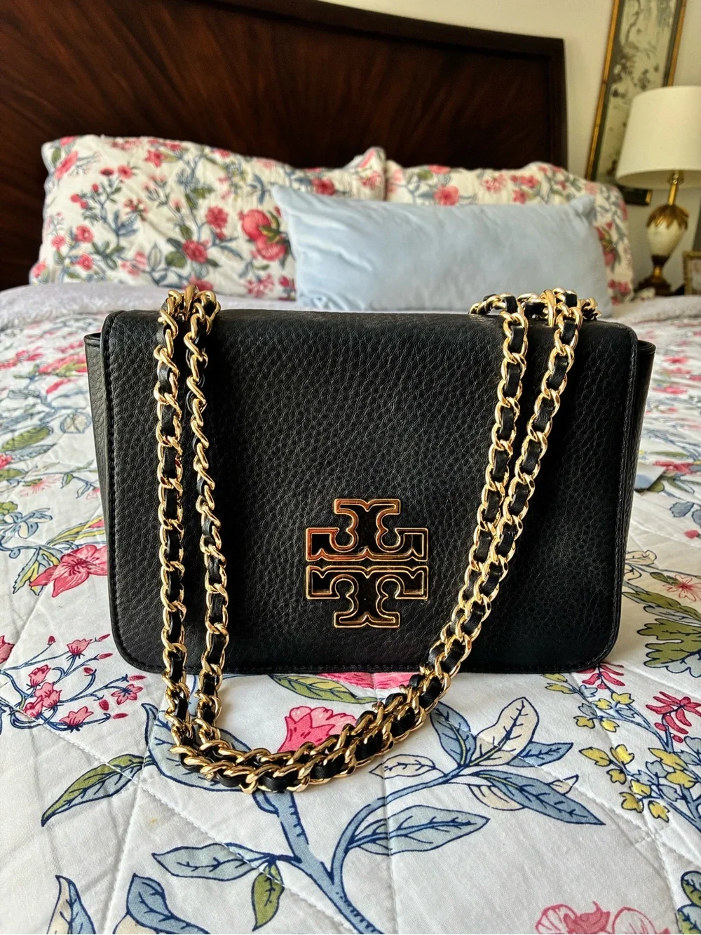 Tory Burch Black Pebbled Leather Crossbody with Gold-Tone Chain
